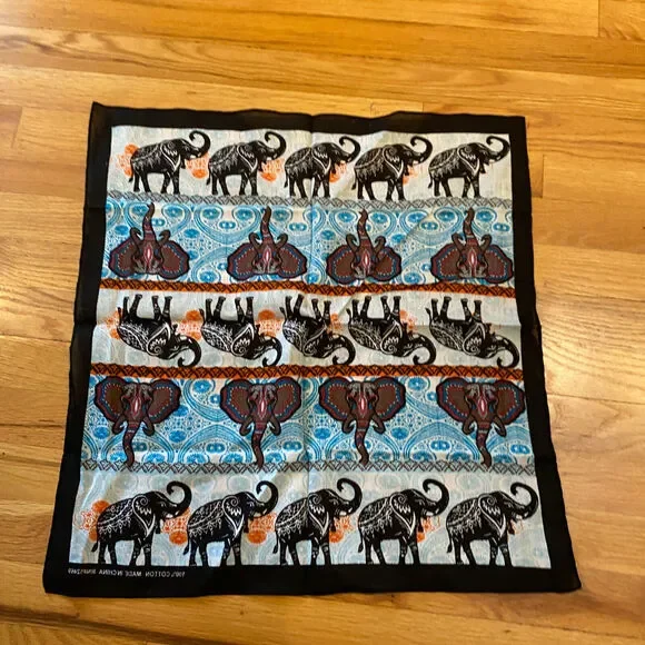 Vtg Deadstock Bandana 100% Cotton RN 52469 Elephant 21.5" Blue Orange Black - Picture 4 of 4